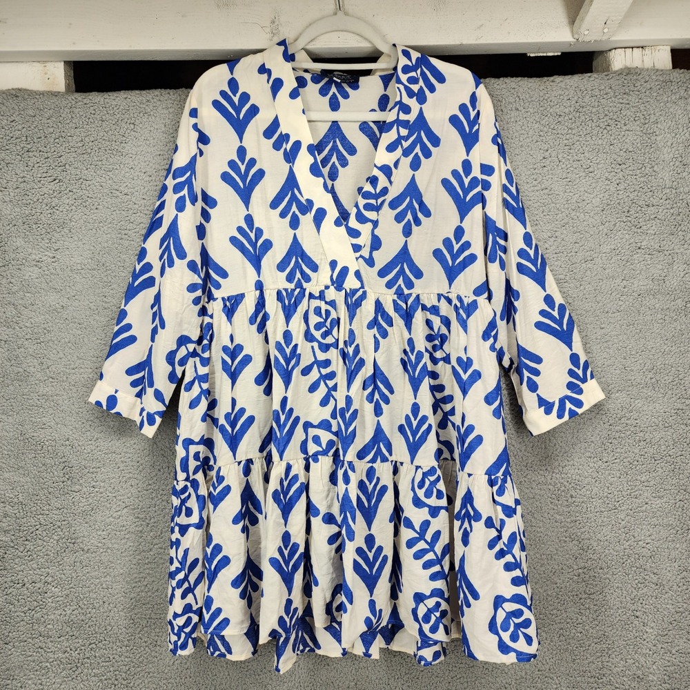 Antidot Greek Island Wear Blue White Block Print Tiered Mini Babydoll Dress Sz 3